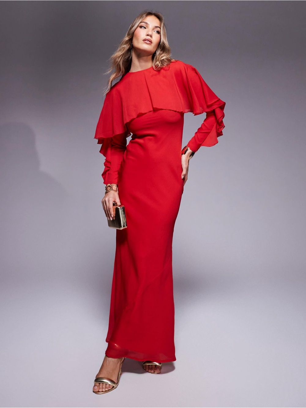 asos design Red Long Sleeve Ruffle Bias Maxi Dress With Cape Detail